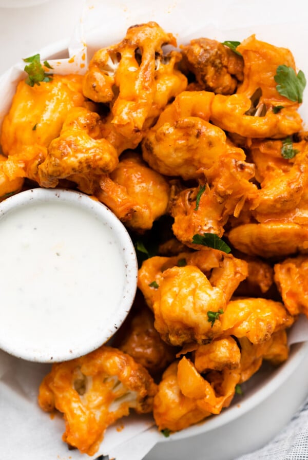 Air Fryer Buffalo Cauliflower served with blue cheese dressing