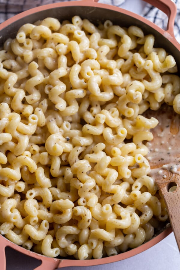 creamy cavatappi pasta in a large skillet