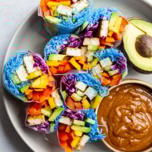 spring rolls made with lots of colorful veggies, and rice noodles that have been dyed blue with blue spirulina. There's also chunks of tofu in them. an avocado and peanut sauce are sitting on the side.