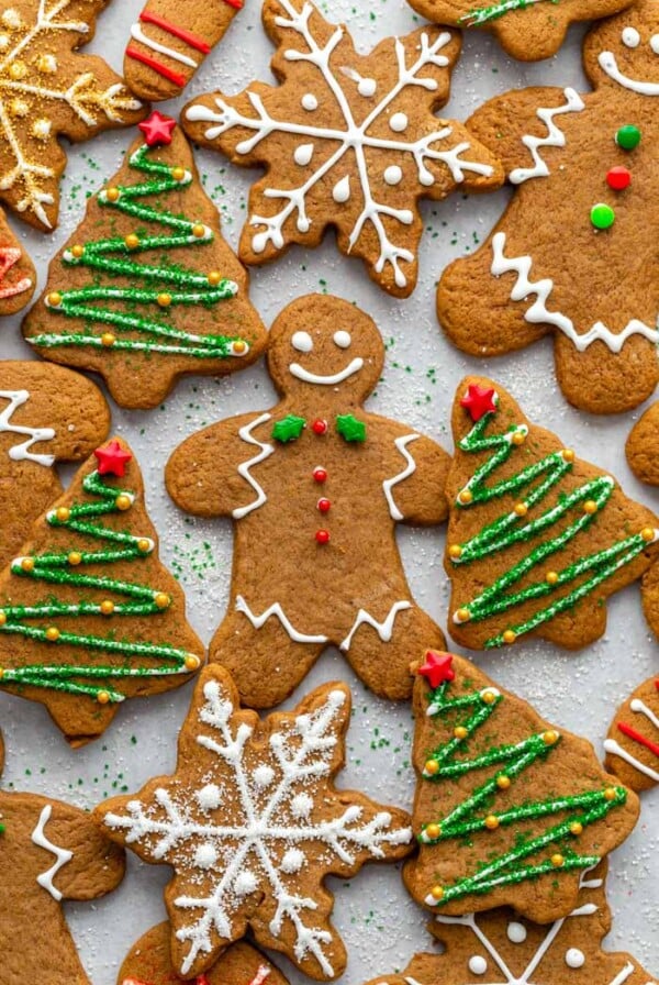Christmas cookies decorated with icing and sprinkles